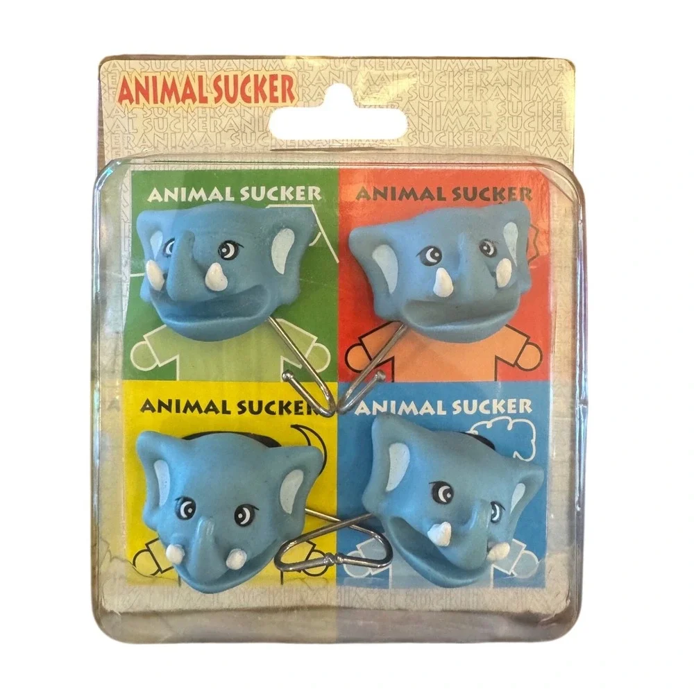 Vintage Animal Sucker Elephant Suction Cup Hooks Set of 4 Blue Novelty Kitsch